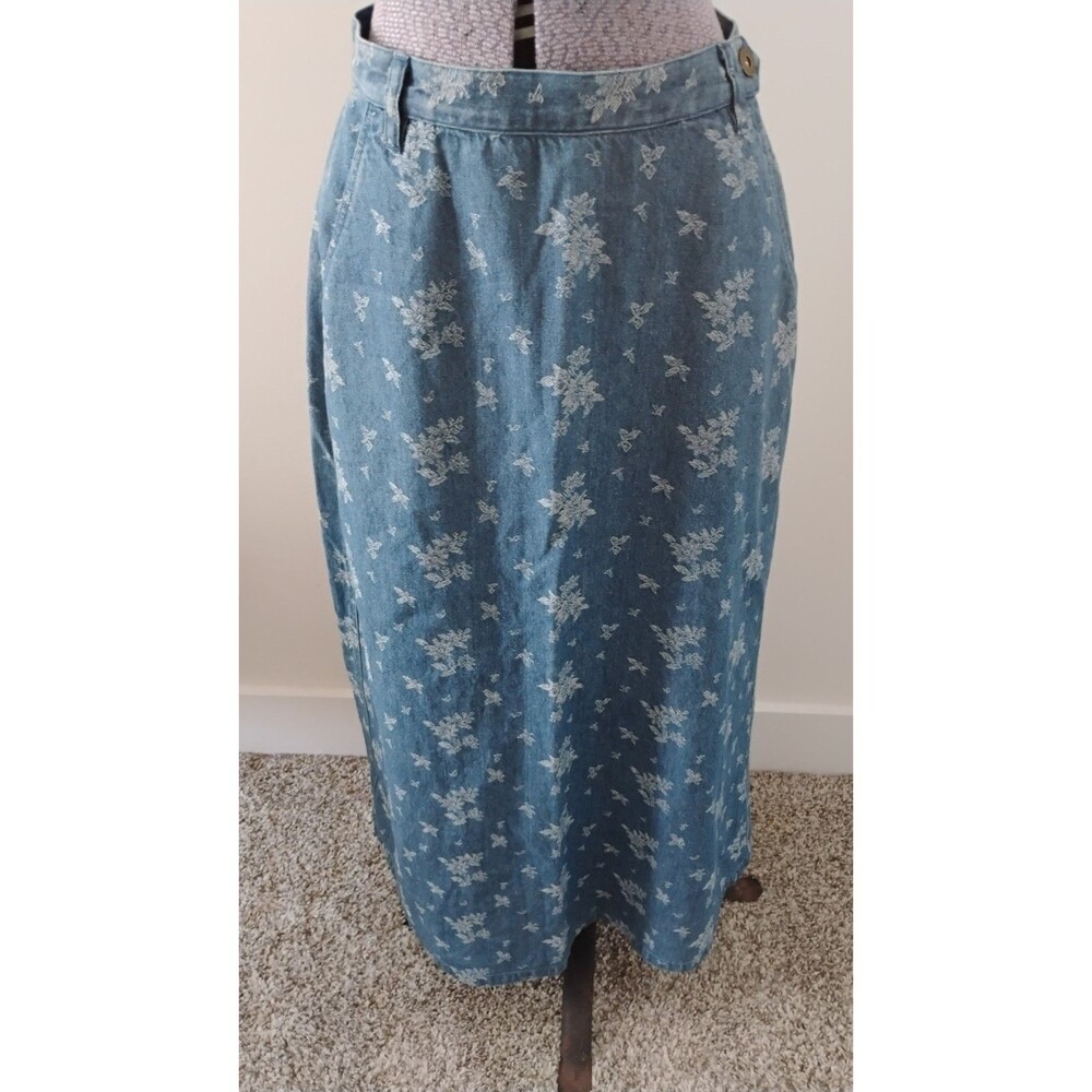 Vtg Liz Claiborne Lizwear Maxi Skirt Denim Floral Cottagecore A Line EUC 6P